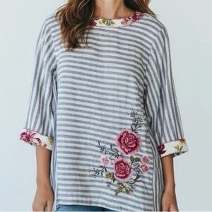 J. Jill Love Linen Mixed Print Striped Floral 100% Linen Casual Lightweight Top